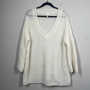 Meadow Rue Medium Alpaca Sweater Ivory V Neck Chunky Sheer Knit Long Sleeves